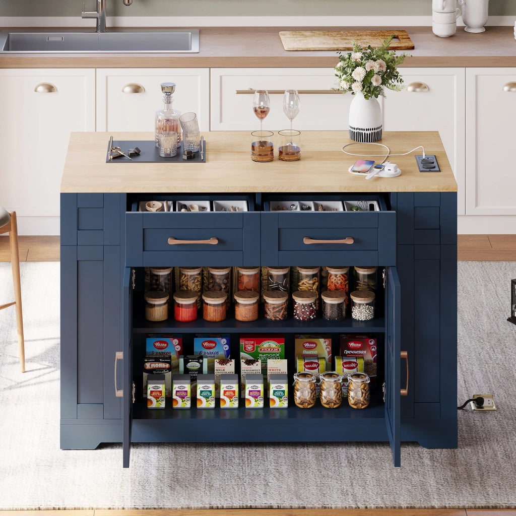 Carrello isola cucina con piano estensibile, prese AC e USB, ante in vetro, ruote con freno, 120x40(65)x92 cm