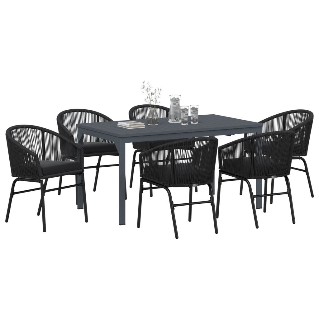 Set pranzo giardino 7 pezzi con cuscini neri in polirattan