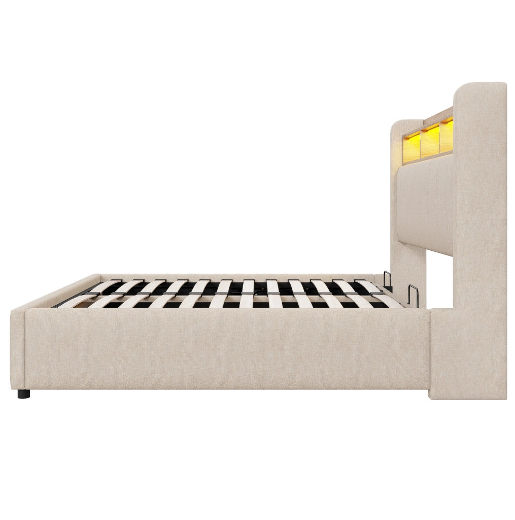 Letto matrimoniale imbottito 160x200 cm in tessuto effetto lino beige con LED; USB e contenitore