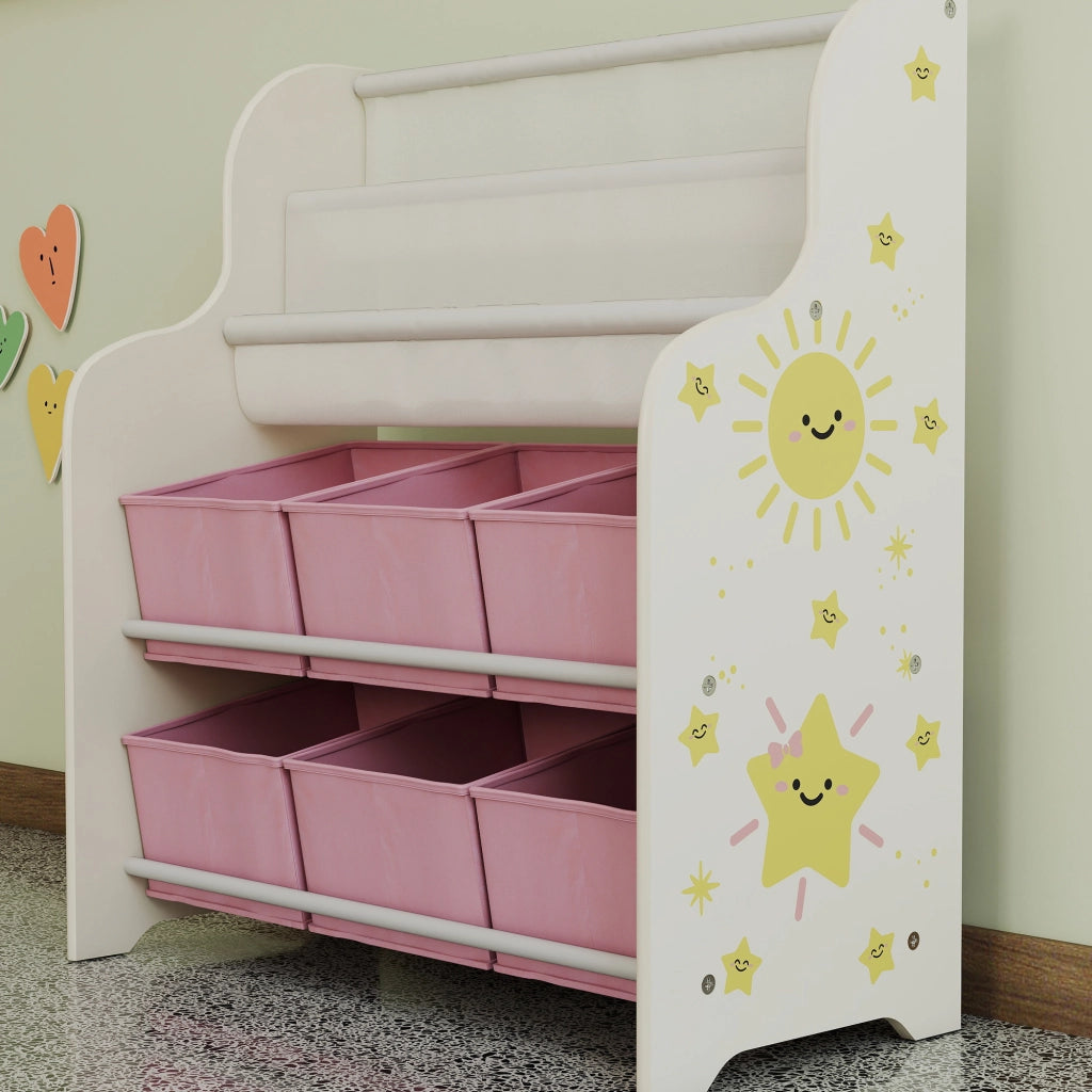 Scaffale Portagiochi per Bambini 63x30x71 cm con 6 Cassetti in Tessuto e Libreria a 2 Livelli in Legno e Acciaio Rosa