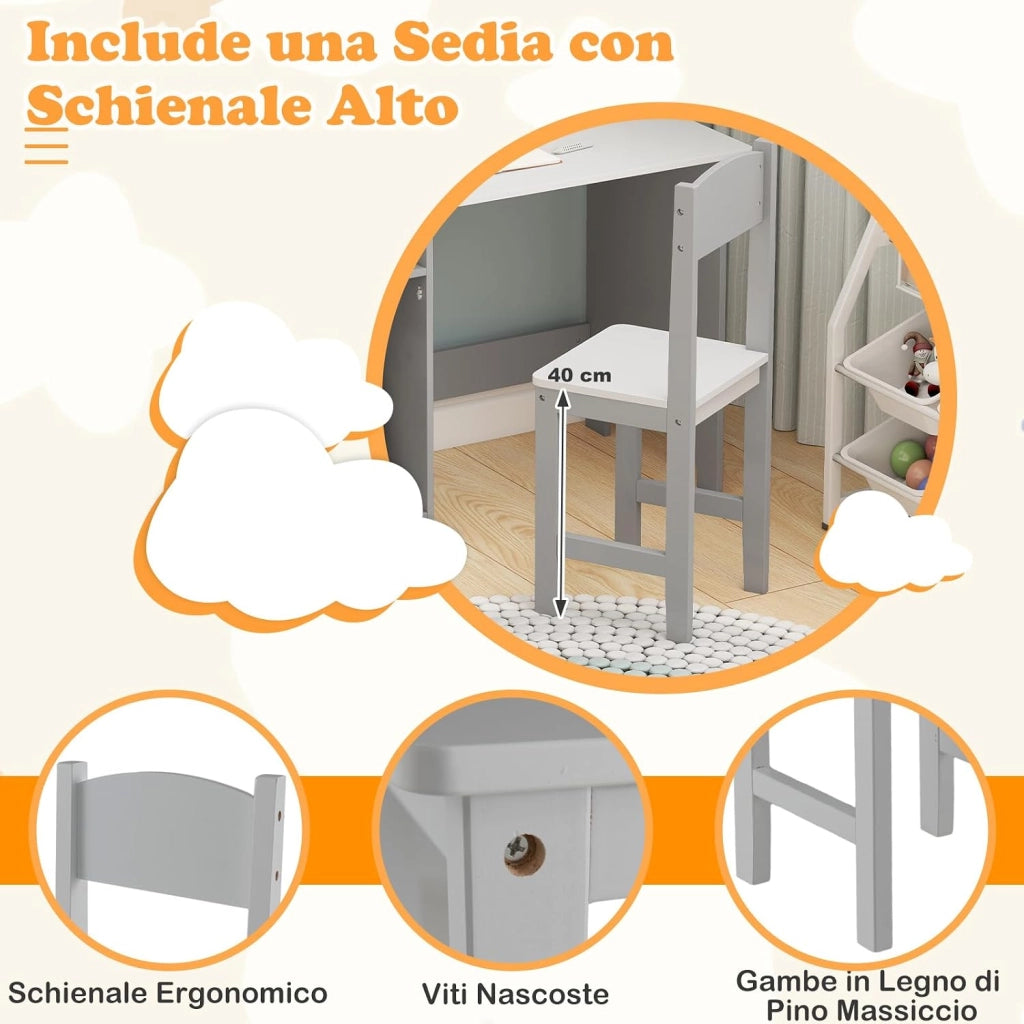 Set Scrivania e Sedia per Bambini per Studio e Lettura, Grigio | Banco Scuola con Sedia Ergonomica, Lavagna Bianca, Pennarello, Armadietto e Bacheca, Postazione Computer per Cameretta Studio