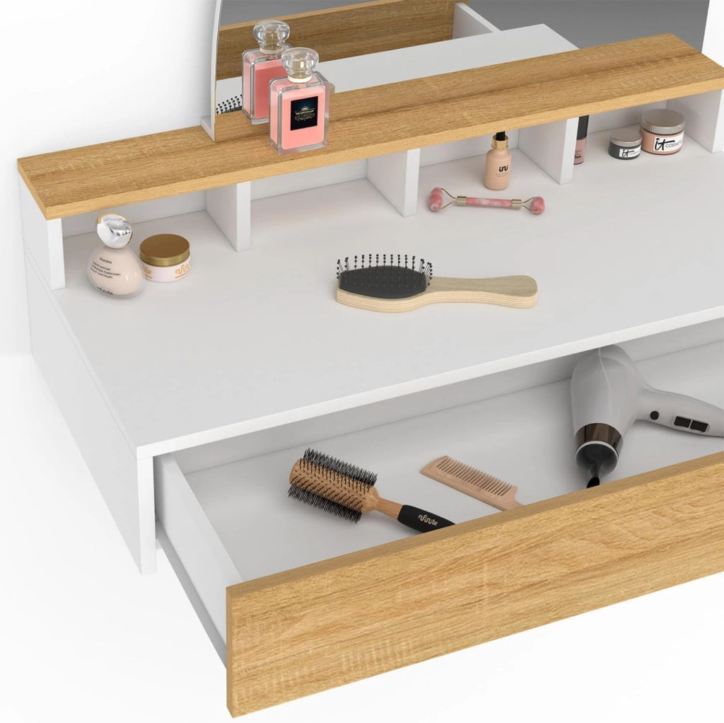 ZELIA, tavolo da toilette sospeso con specchio LED, 4 nicchie, 1 cassetto, legno e bianco