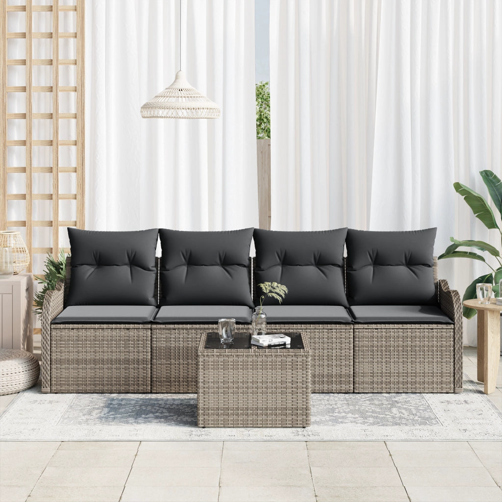 Set Divano da Giardino 5 Pezzi con Cuscini Grigio Polyrattan