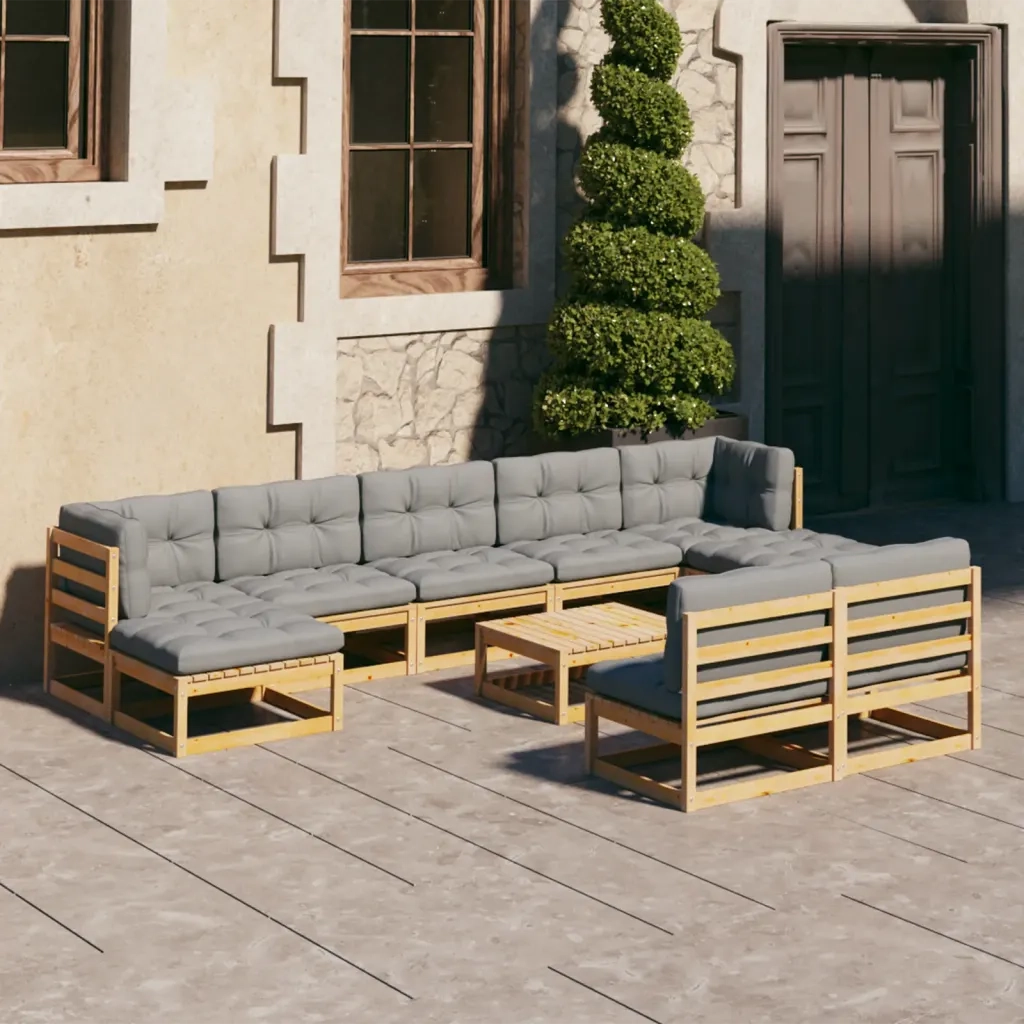 Set Salotto Giardino 10pz Cuscini Antracite Legno Massello Pino 3077139
