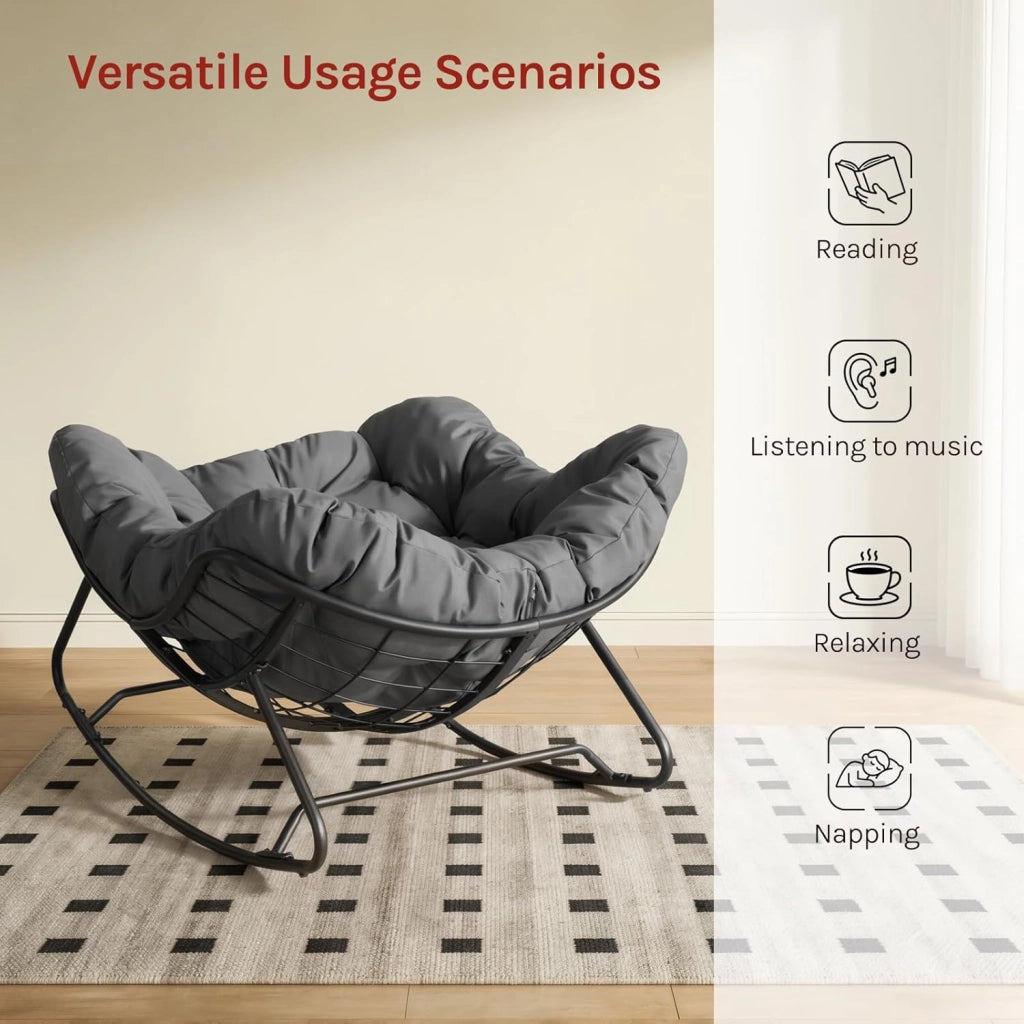 Sedia a Dondolo a Forma di Uovo, Poltrona Relax con Gambe Curve, Struttura in Metallo e Cuscino in Poliestere, Portata 150 kg, per Salotto e Balcone, Grigio Scuro