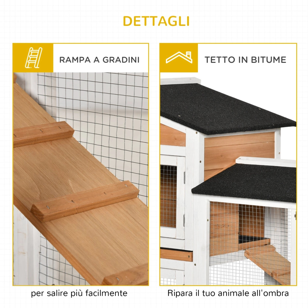 Conigliera a 2 Livelli 157,4x53x99,5 cm in Legno Metallo e Bitume Giallo Bianco e Nero