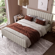 Letto imbottito 140x200 cm con testiera regolabile; rivestimento in lino grigio beige