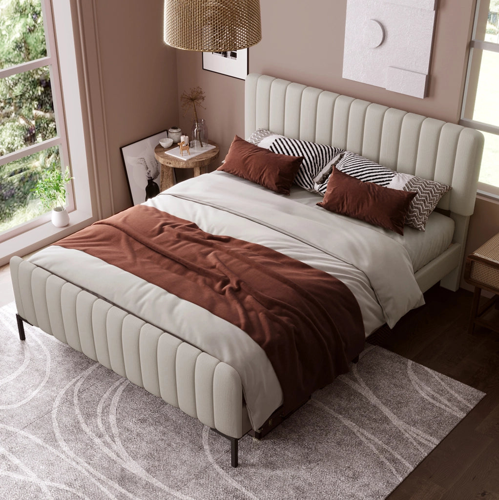 Letto imbottito 140x200 cm con testiera regolabile; rivestimento in lino grigio beige