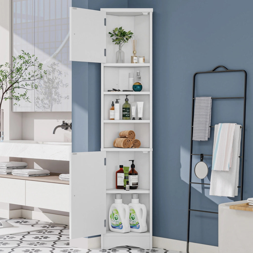 Armadietto Bagno Triangolare ¨C MINIMAL ¨C Bianco, 3 Ripiani, Ante, Salvaspazio, 36.5x24.5x170
