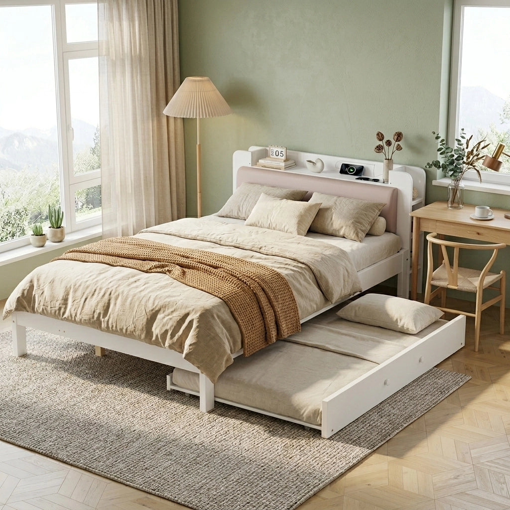 Letto in legno da 120x200 cm, con letto estraibile da 90x190 cm, testiera imbottita, ripiano e prese di ricarica, bianco