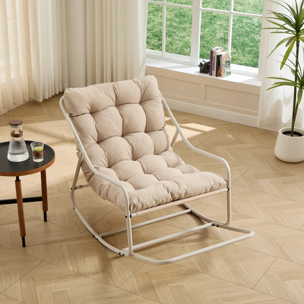 Sedia a Dondolo da Esterno con Oscillazione Regolabile e Cuscino Spesso; per Interni ed Esterni; Acciaio Beige