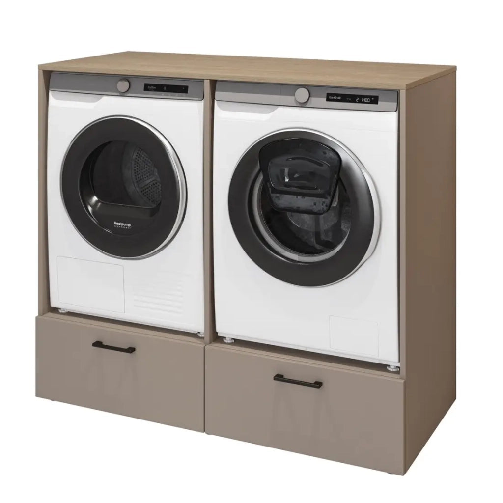 Mobile da bagno per lavatrice e asciugatrice collezione WASHING – 2 cassetti – Tortora e rovere
