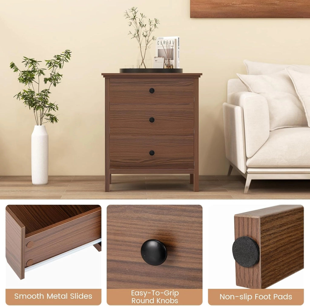 Comodino in legno rosso-marrone, credenza piccola con 3 cassetti, cassettiera autoportante, cassettiera moderna in legno, 56 x 45 x 66 cm