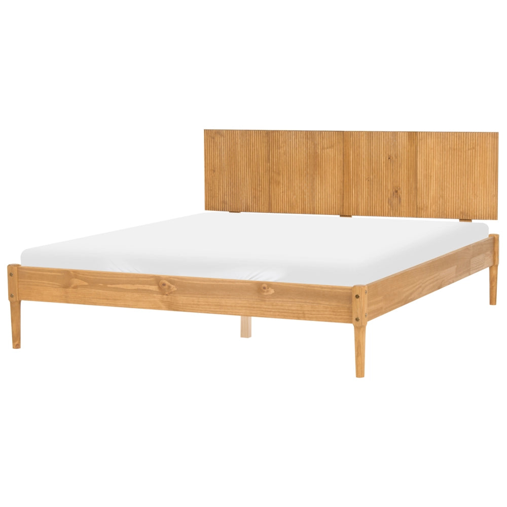 Letto matrimoniale in legno con base a doghe piane e testiera in legno marrone chiaro 160 x 200 cm stile scandinavo naturale