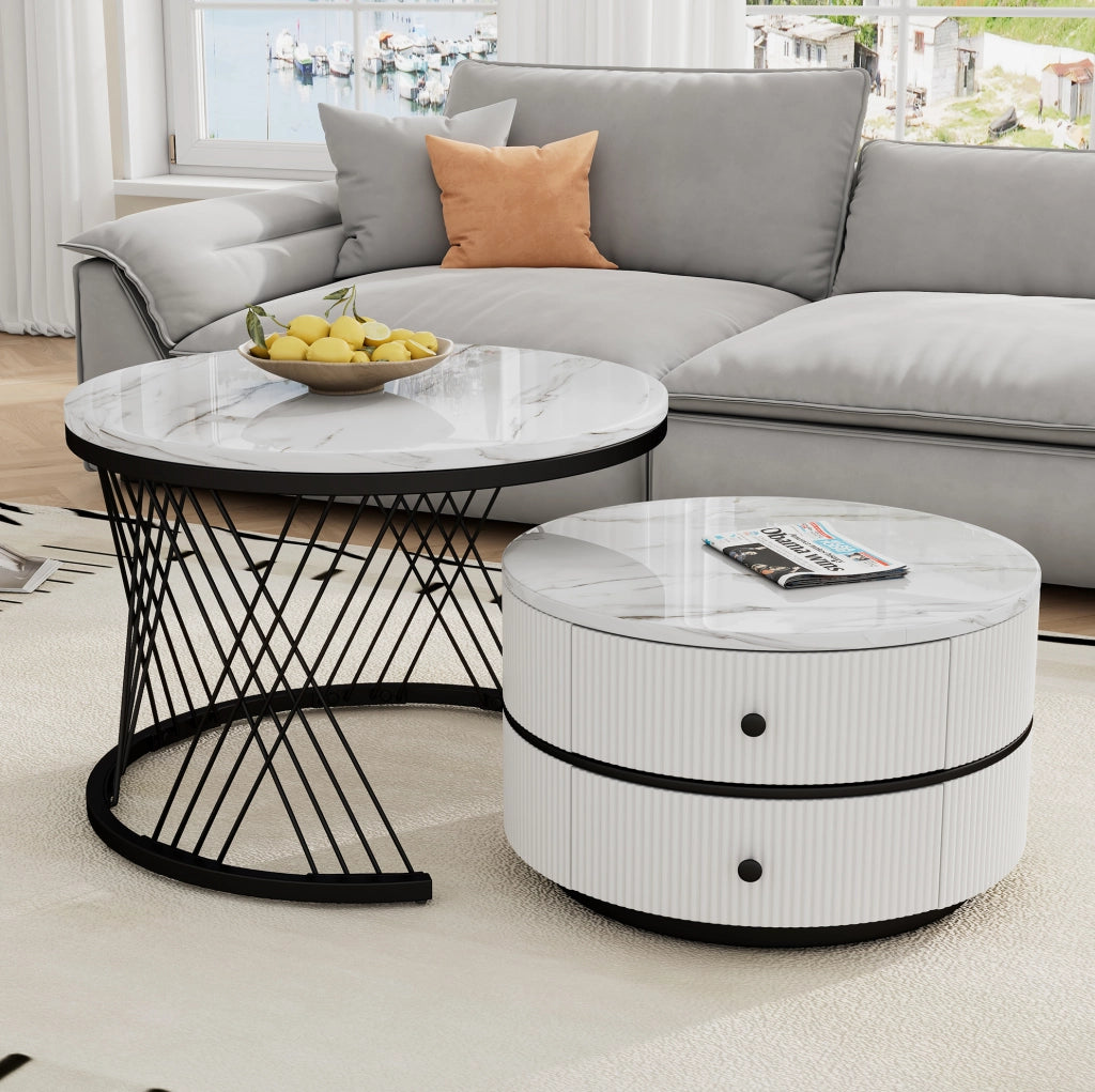 Set tavolini da caffè 60x60x46 cm e 50x50x31 cm; con 2 cassetti; MDF; bianco