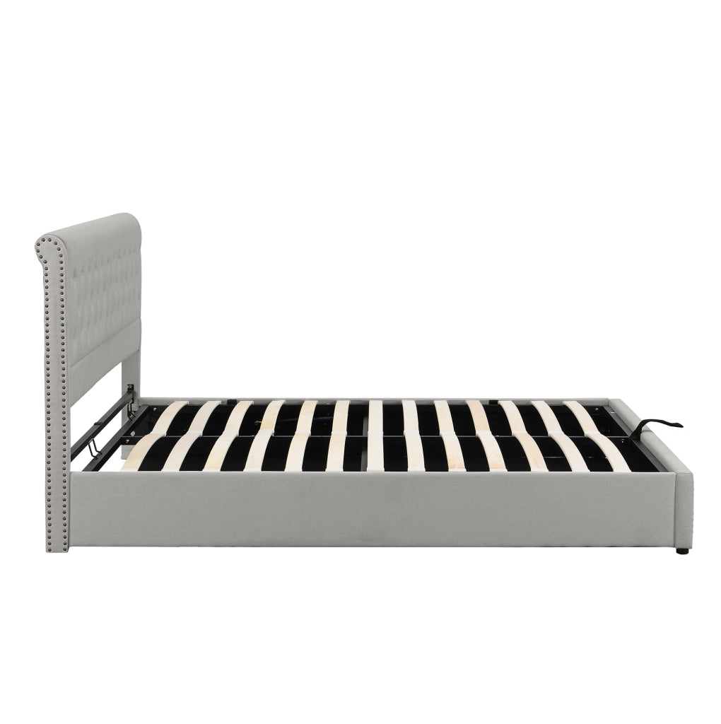Letto imbottito grigio con contenitore 140 x 200 cm