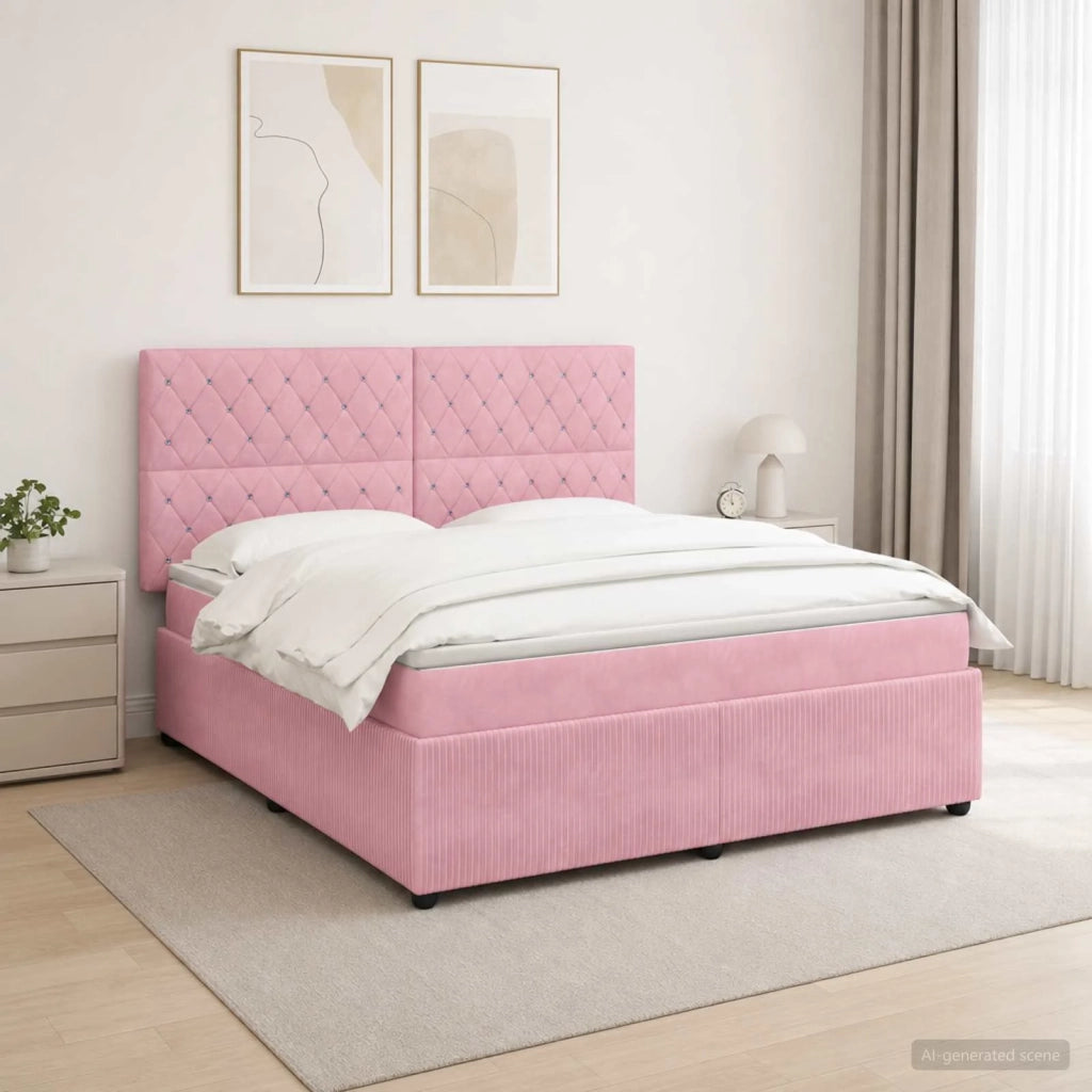 Letto Box Spring LED con Materasso Rosa 140 x 200 cm Velluto 3456082