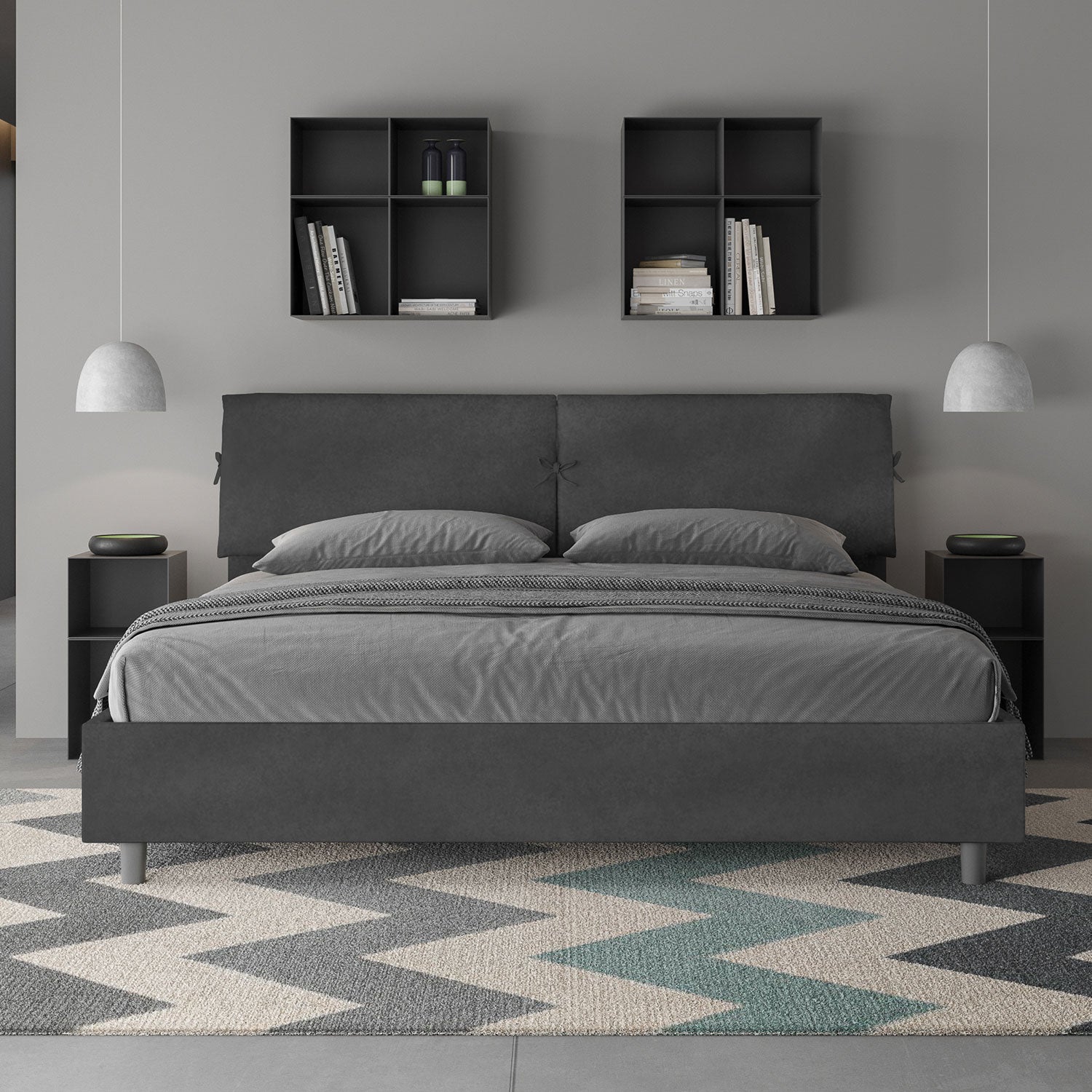 Letto Matrimoniale King Size 180x200 cm Senza Rete Testata con Cuscini Imbottito in Microfibra Mados Grigio