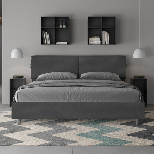 Letto Matrimoniale King Size 180x210 cm con Rete e Contenitore Testata con Cuscini Imbottito in Microfibra Mados Grigio