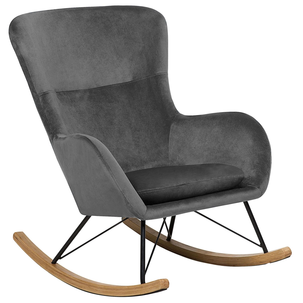 Sedia A Dondolo Velluto Grigio Scuro Gambe In Metallo Pattini In Legno Moderna