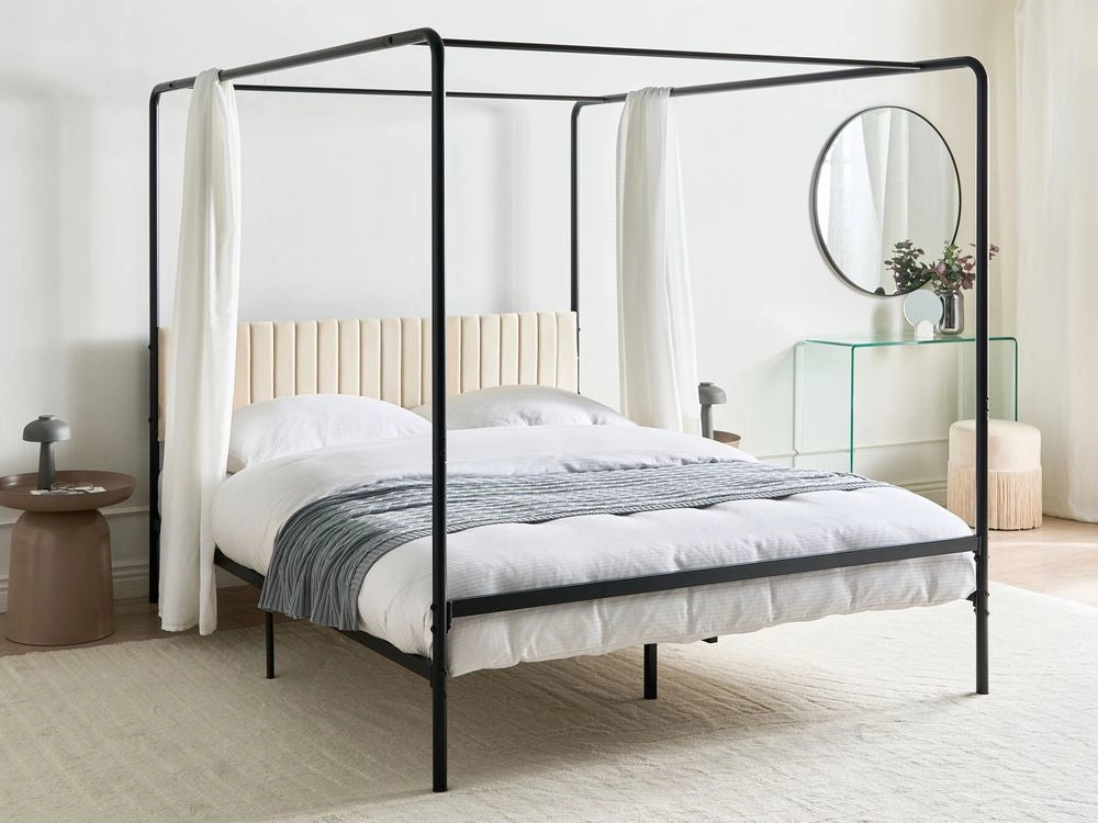 Letto a baldacchino in metallo nero con doppia testiera imbottita 160 x 200 cm moderno romantico