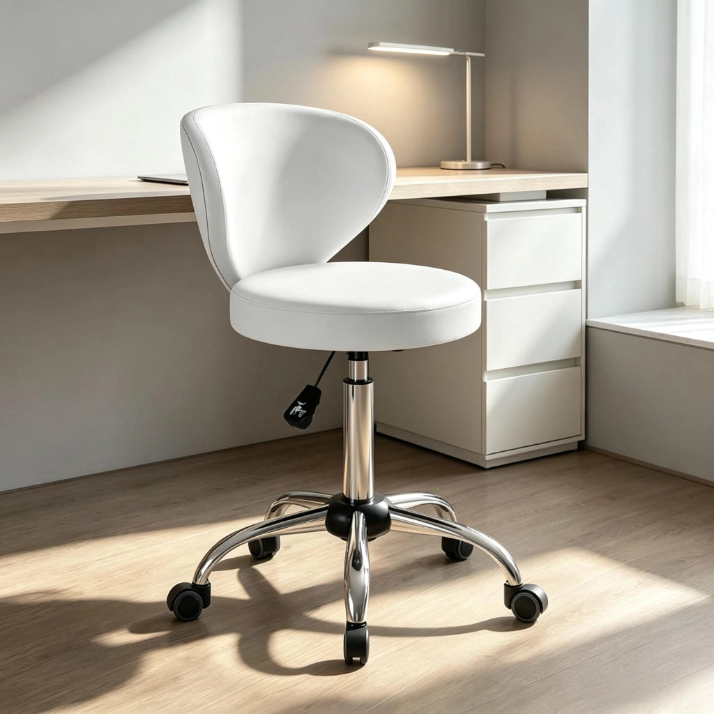 Chaise de bureau girevole con schienale curvo, altezza regolabile, seduta imbottita in PU bianco