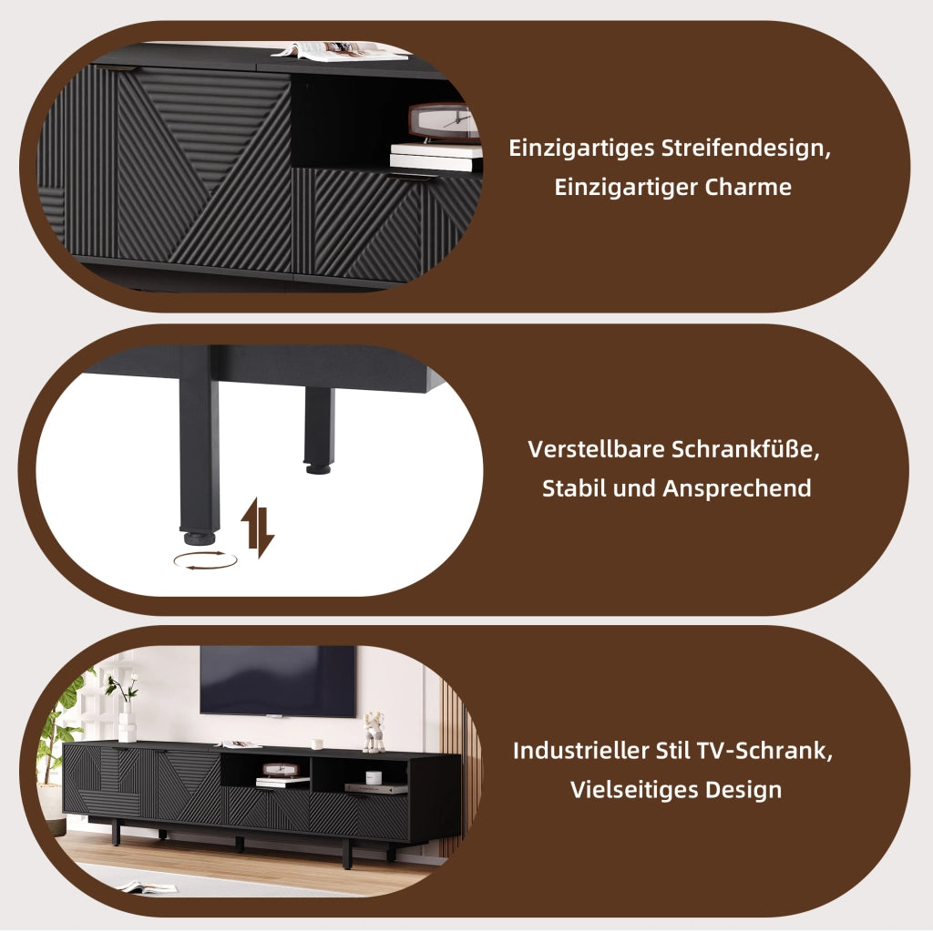 Mobile TV con 2 ante; vani aperti e passacavi - per soggiorno - 200×40×51 cm - nero