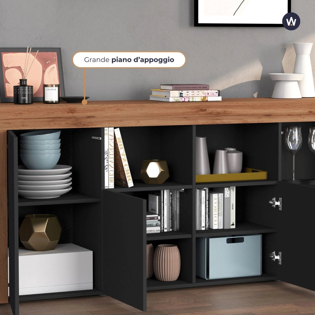 WHOUS Credenza Chronos 4 ante e 2 vani antracite opaco e rovere 200x40x85 cm