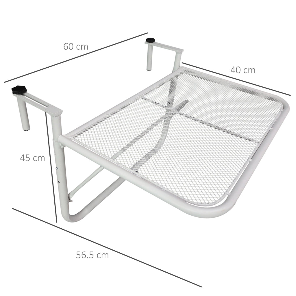 Tavolino Sospeso da Balcone 60x56.5x45 cm Regolabile in Ferro Bianco