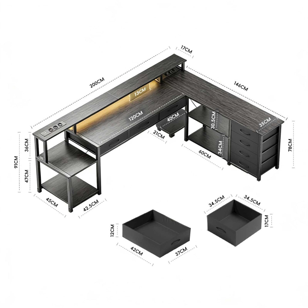 Scrivania per computer a L, scrivania da gaming, con cassetti, prese di corrente integrate, luci d'atmosfera, grigia