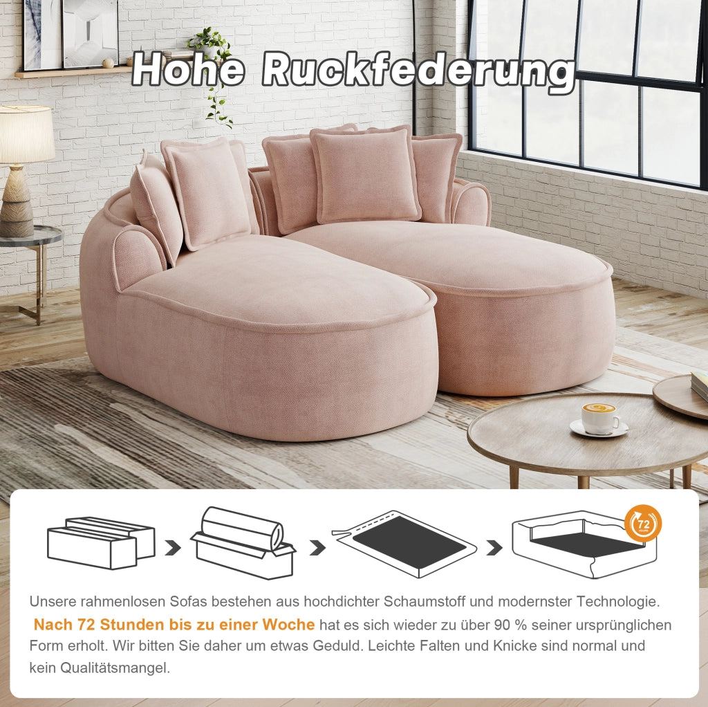 Divano modulare doppio in tessuto chenille rosa con chaise longue extra profonda e cuscini inclusi