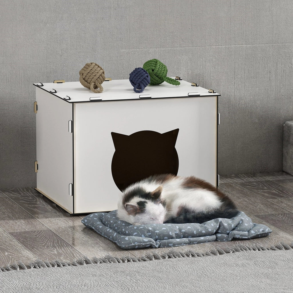 Casetta per Gatti 'Elba' Cuccia a Forma di Cubo in MDF - Bianco [en.casa]