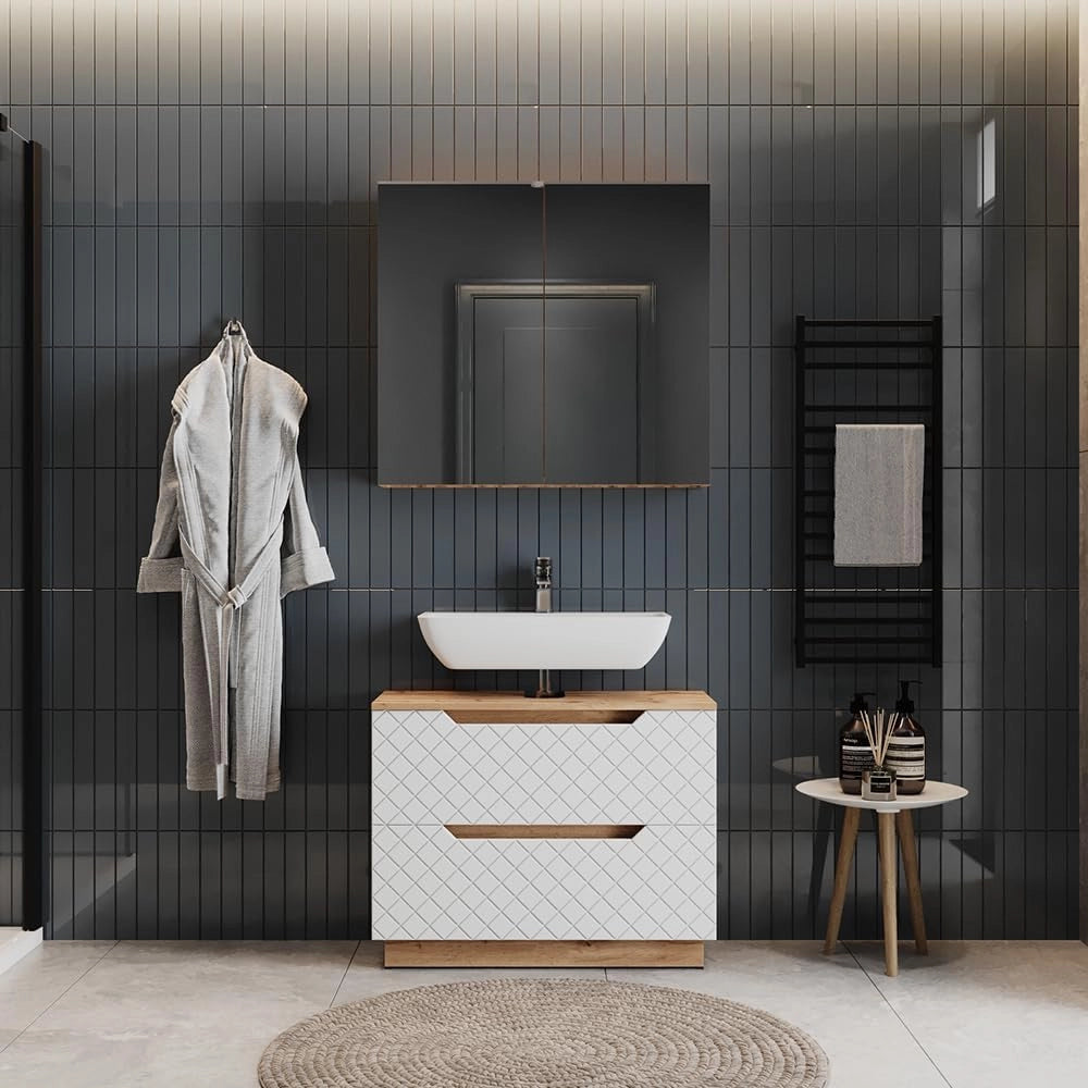 Set di mobili da bagno Lotta, Rovere/bianco con struttura in piastrelle, 2 parti