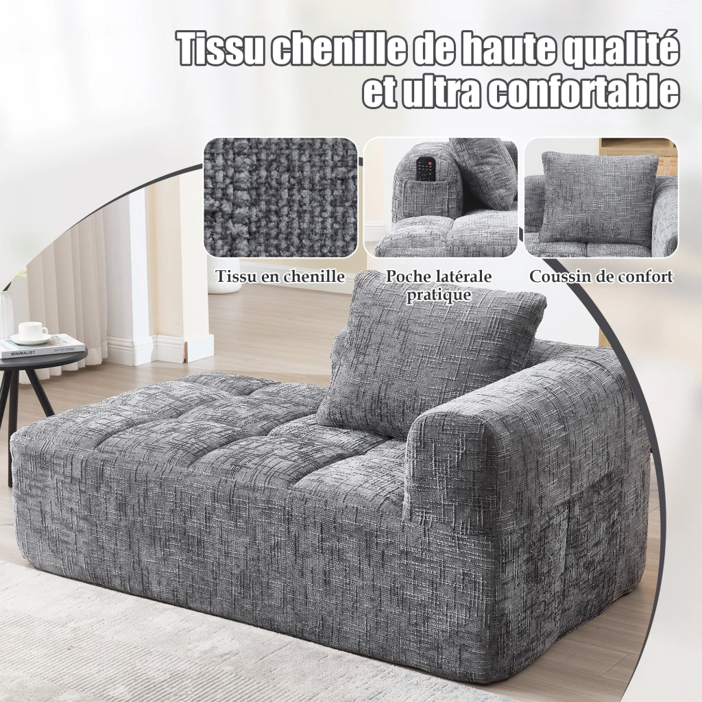 Chaise Longue Méridienne 1 Posto con Cuscino e Tasche Laterali Comfort Nuvola Seduta Ergonomica in Ciniglia Grigio
