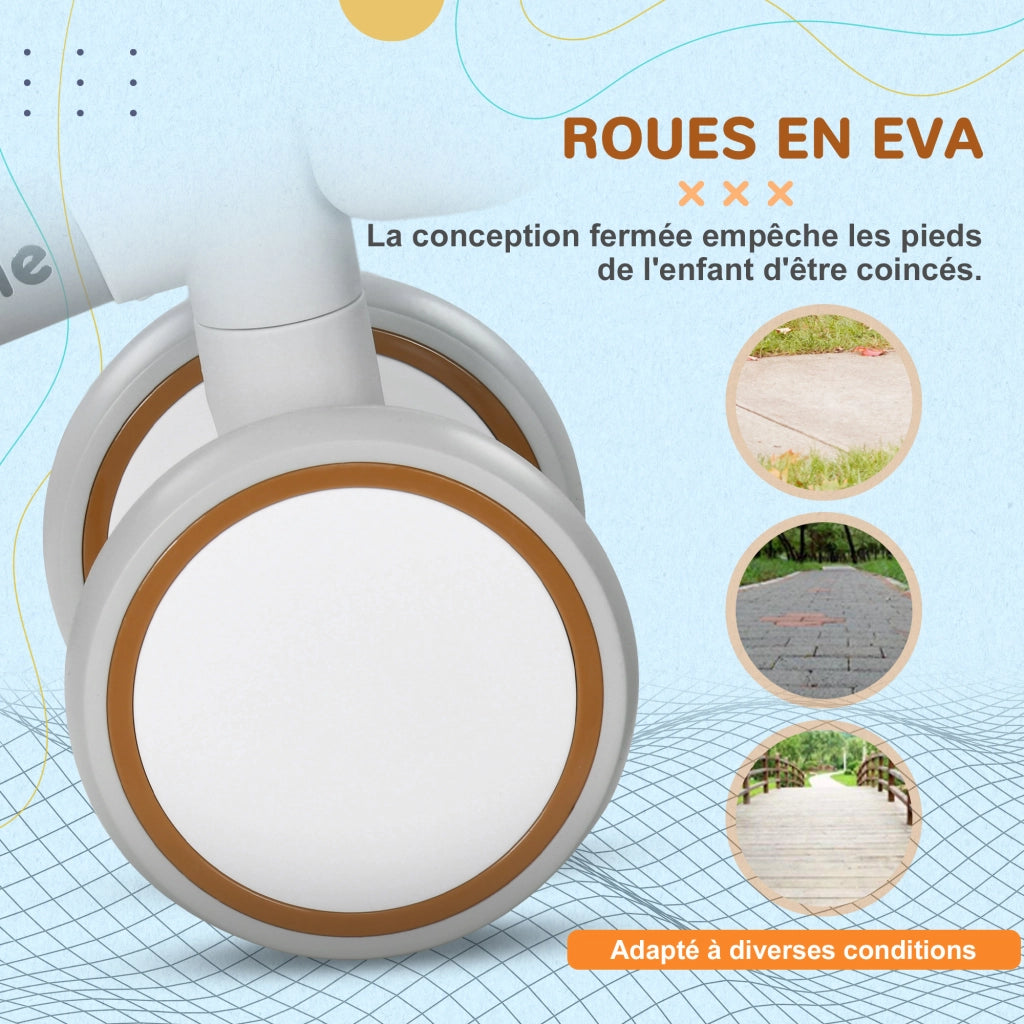 Bicicletta senza pedali per bambini con sella regolabile ¨C zephmum ¨C 4 ruote, colore marrone e bianco