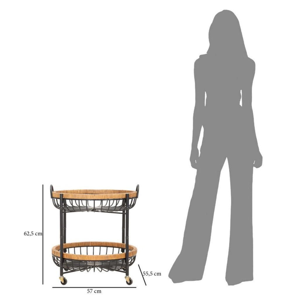 Carrello Cebu a doppio cestino in ferro e rattan con ruote — 57x55,5x62,5 cm