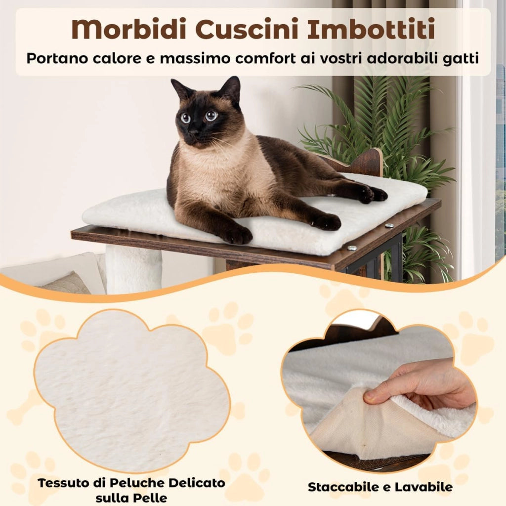 Albero per Gatti Alto 112 cm, Tiragraffi per Gatti in Legno con Posti a Grattare in Sisal, Palline Appese, Cuscini Morbidi Rimovibili e Lavabili, Tiragraffi Gatto per Arrampicata