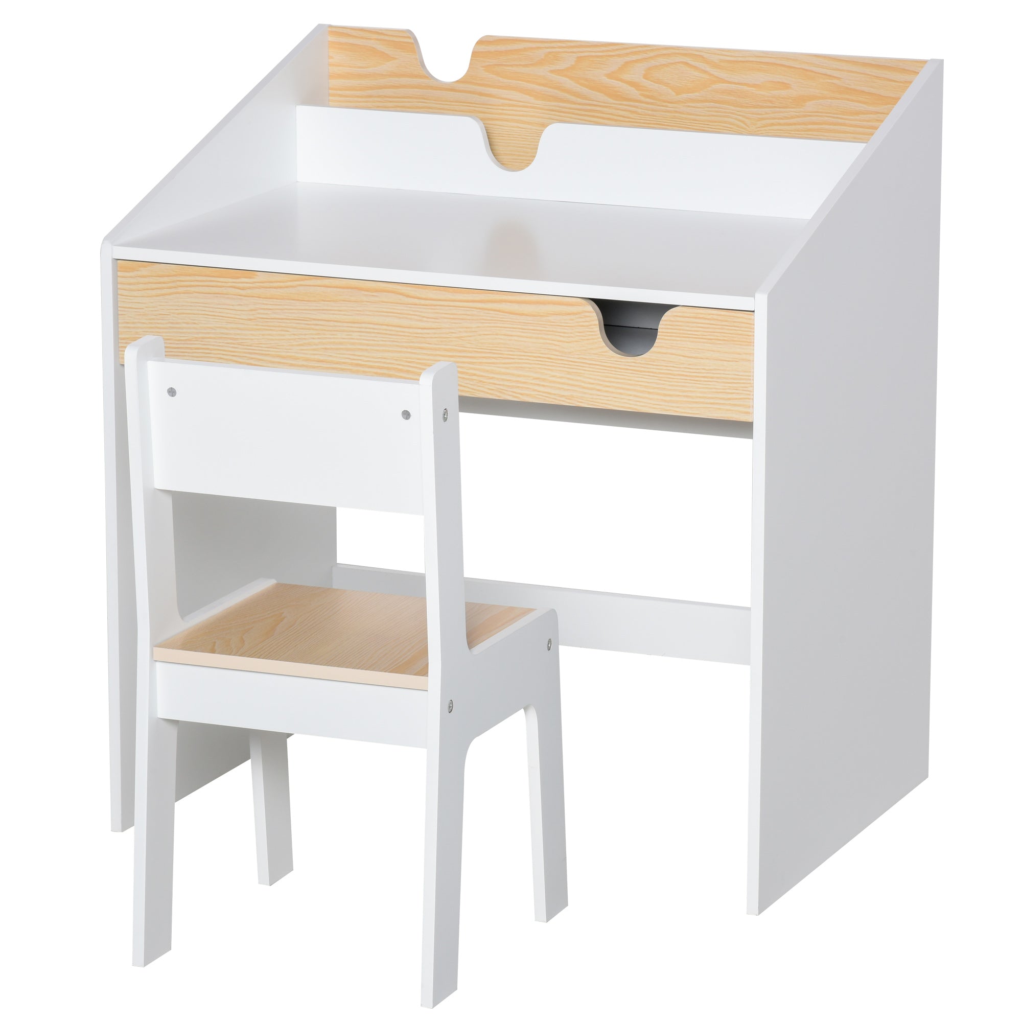 Set Scrivania e Sedia per Bambini con Cassetto e Scaffale in MDF Bianco e Legno
