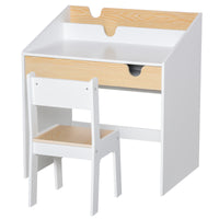 Set Scrivania e Sedia per Bambini con Cassetto e Scaffale in MDF Bianco e Legno