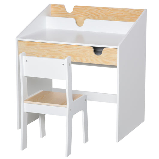 Set Scrivania e Sedia per Bambini con Cassetto e Scaffale in MDF Bianco e Legno