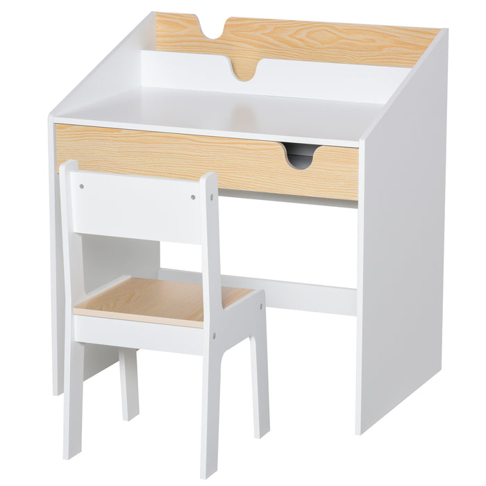 Set Scrivania e Sedia per Bambini con Cassetto e Scaffale in MDF Bianco e Legno