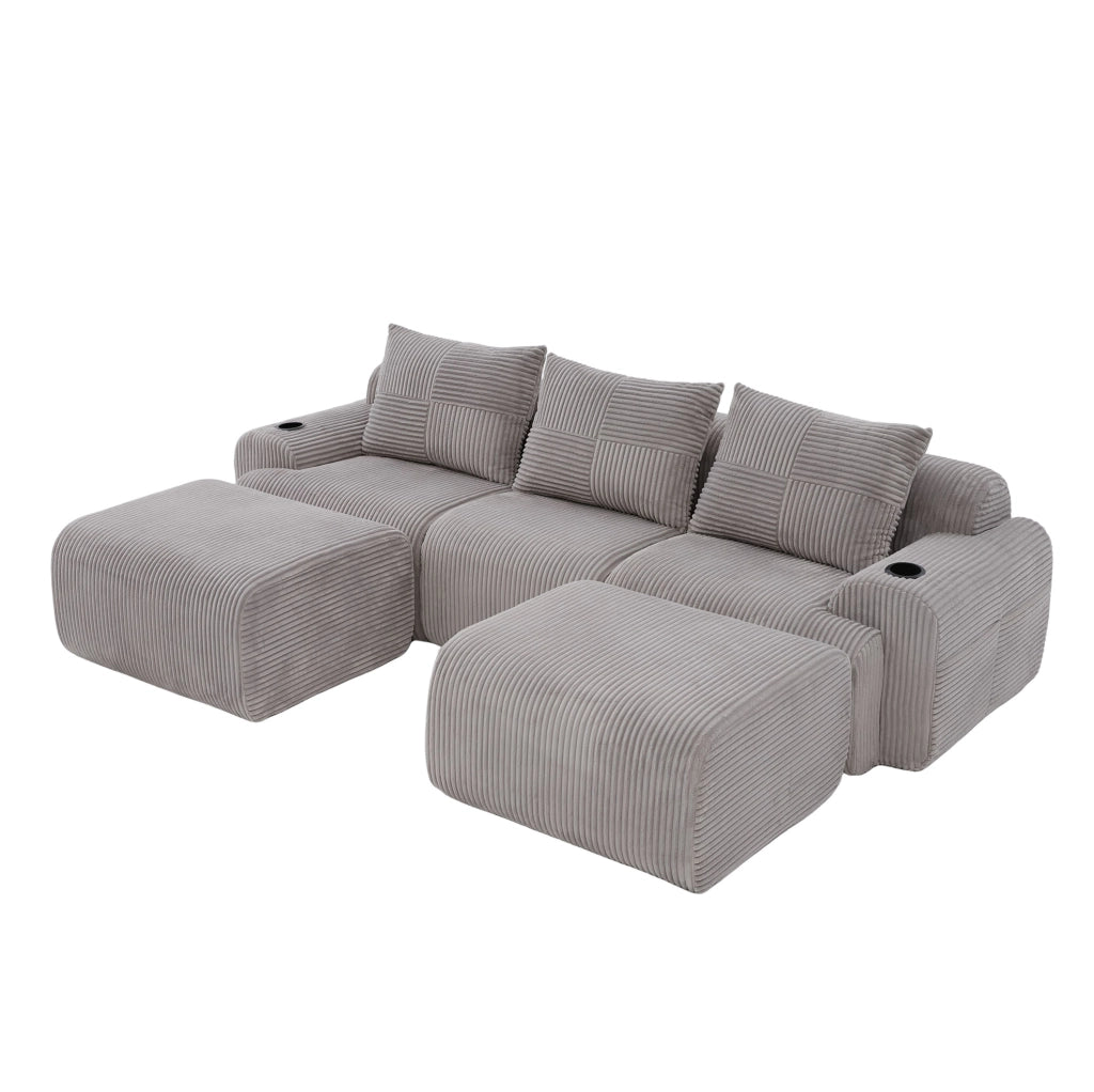 Divano modulare 3 posti 268x174 cm in velluto a coste con 2 pouf grigio chiaro HAVRYA