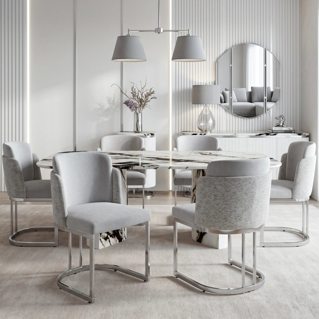Set di 6 sedie da pranzo 61.5x53.5x86.0 cm con doppio schienale in chenille grigio e argento