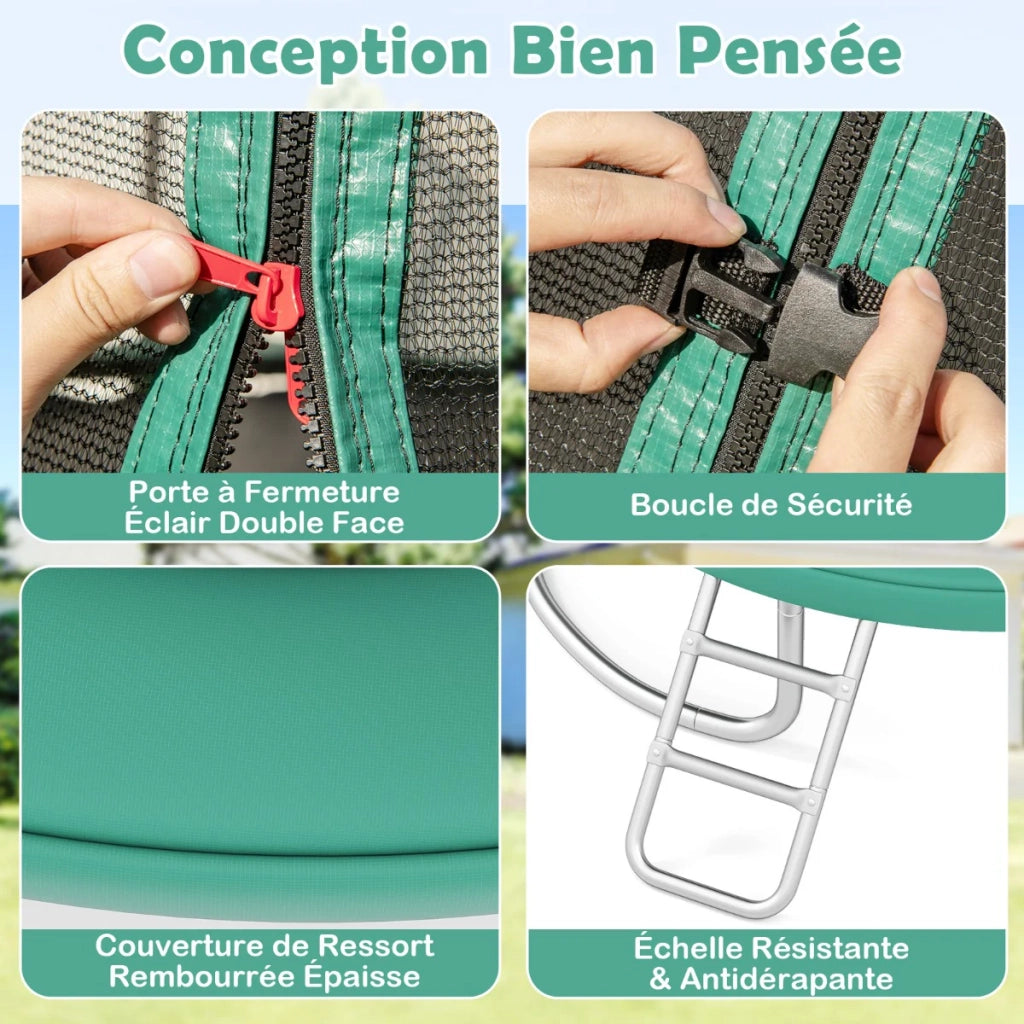 Trampolino da esterno 244 cm con rete di sicurezza e robusta scaletta design stabile per salti sicuri in acciaio zincato verde 20_0014508