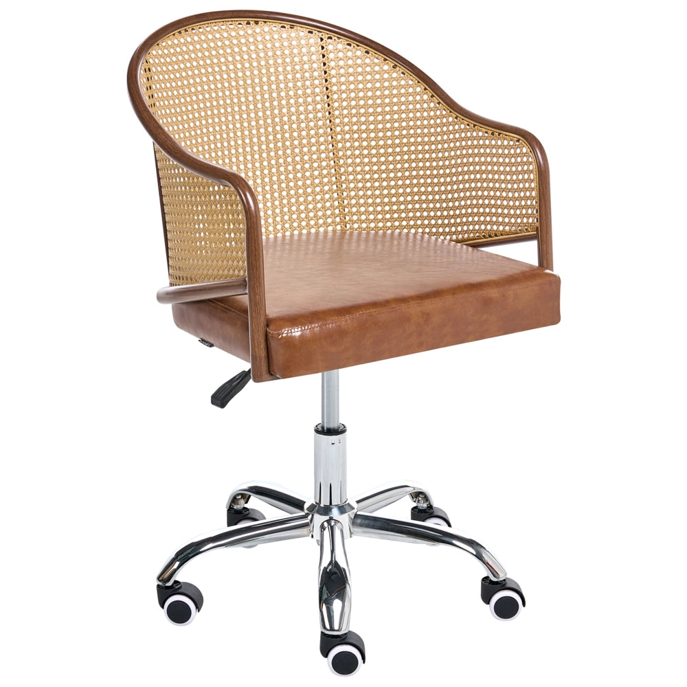 Sedia da ufficio in similpelle marrone con schienale in rattan PE girevole, altezza regolabile, con braccioli, per casa, ufficio, studio, tradizionale