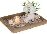 Dienblad in legno, rettangolare, piatto decorativo: decorativo piatto per candele con fiori in legno, maniglia marrone, piatto per candele con candele piccole, piatto per candele rurale per tavolo salotto, theelicht
