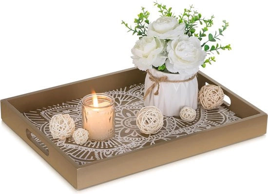 Dienblad in legno, rettangolare, piatto decorativo: decorativo piatto per candele con fiori in legno, maniglia marrone, piatto per candele con candele piccole, piatto per candele rurale per tavolo salotto, theelicht