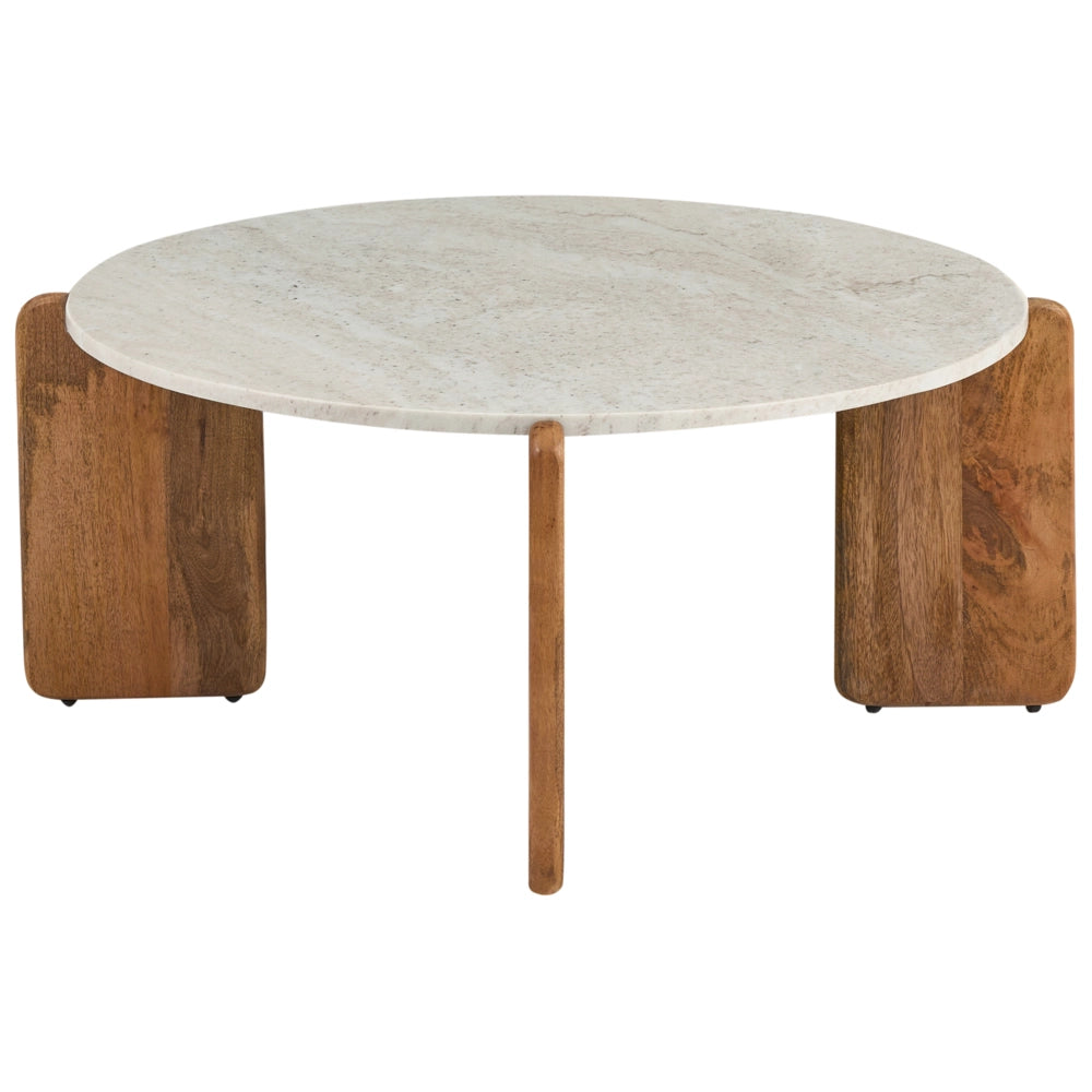 Tavolino con piano in marmo beige chiaro e gambe in legno di mango 80 cm stile moderno rotondo soggiorno