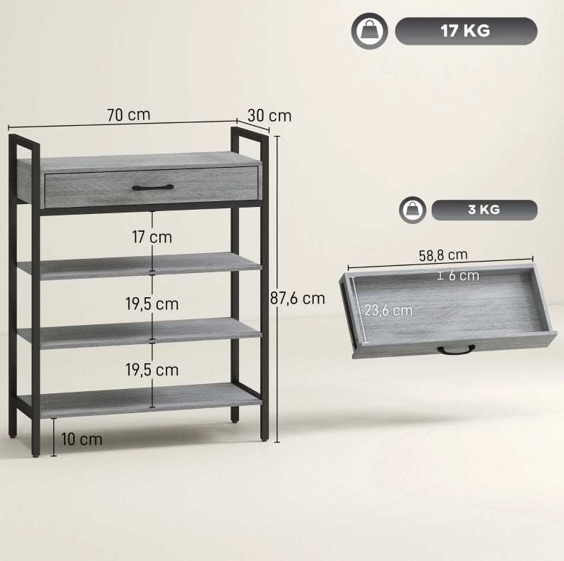 Scarpiera grigia con 3 ripiani e cassetto, 70 x 30 x 87,6 cm