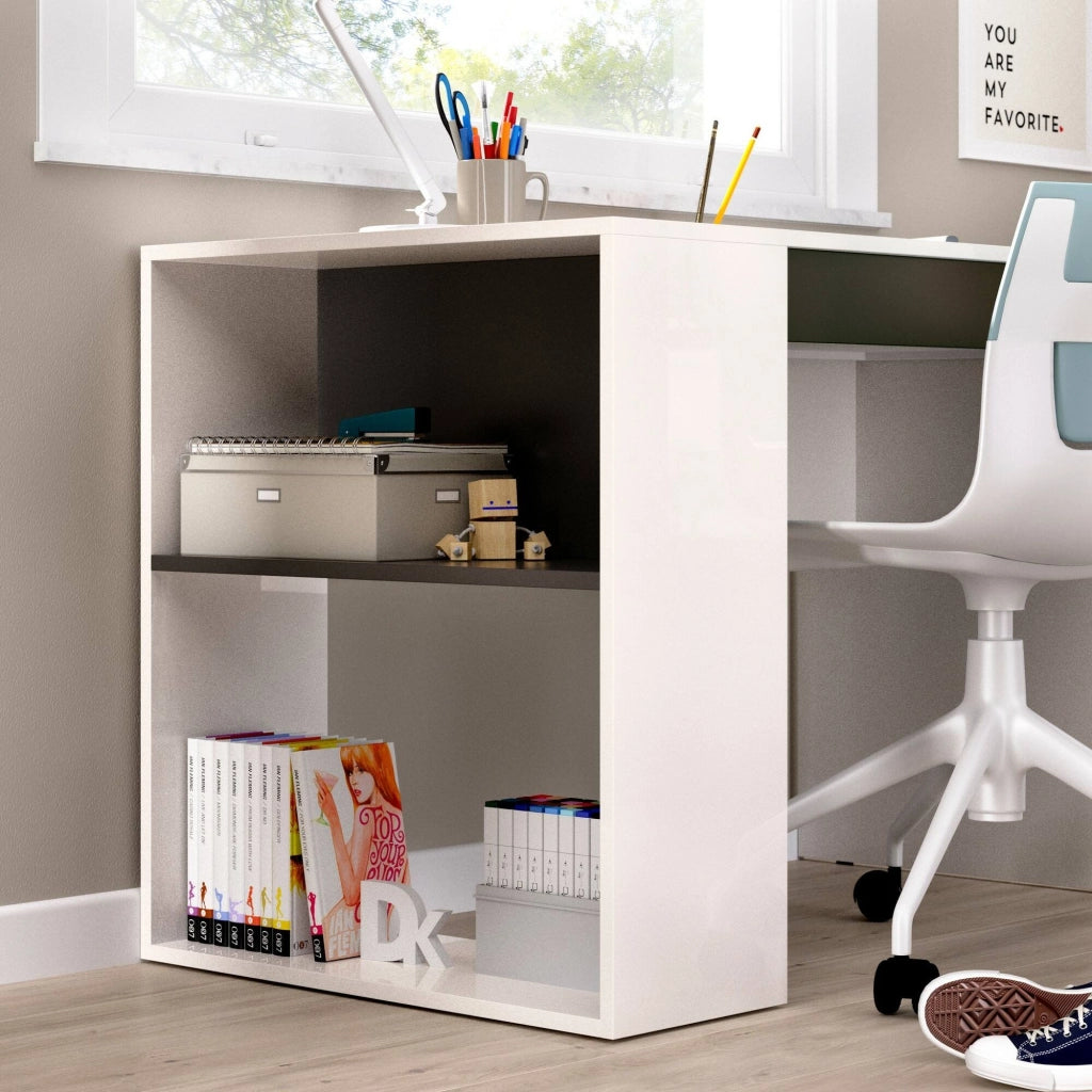 Scrivania Arianella, Scrittoio multiuso da ufficio o cameretta, Tavolo da studio lineare con scaffali, 115x50h74 cm, Bianco e Antracite